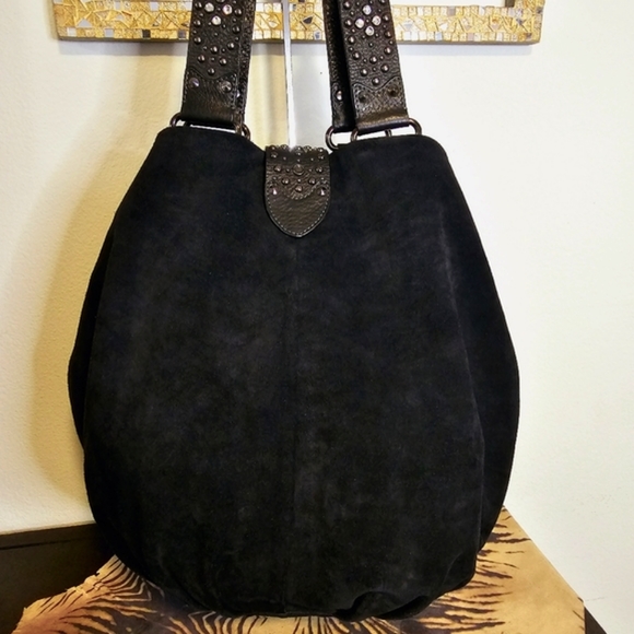 G SERIES Blk Suede Rhinestone Emb. Tassel Fringe Handbag-EUC - Picture 6 of 8